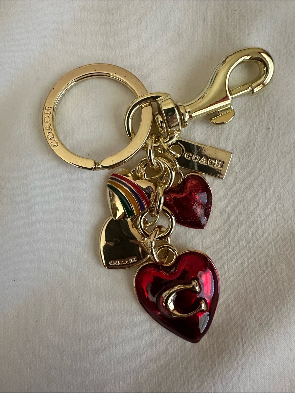 Coach Gold-Tone Keyring with Red Heart Charms